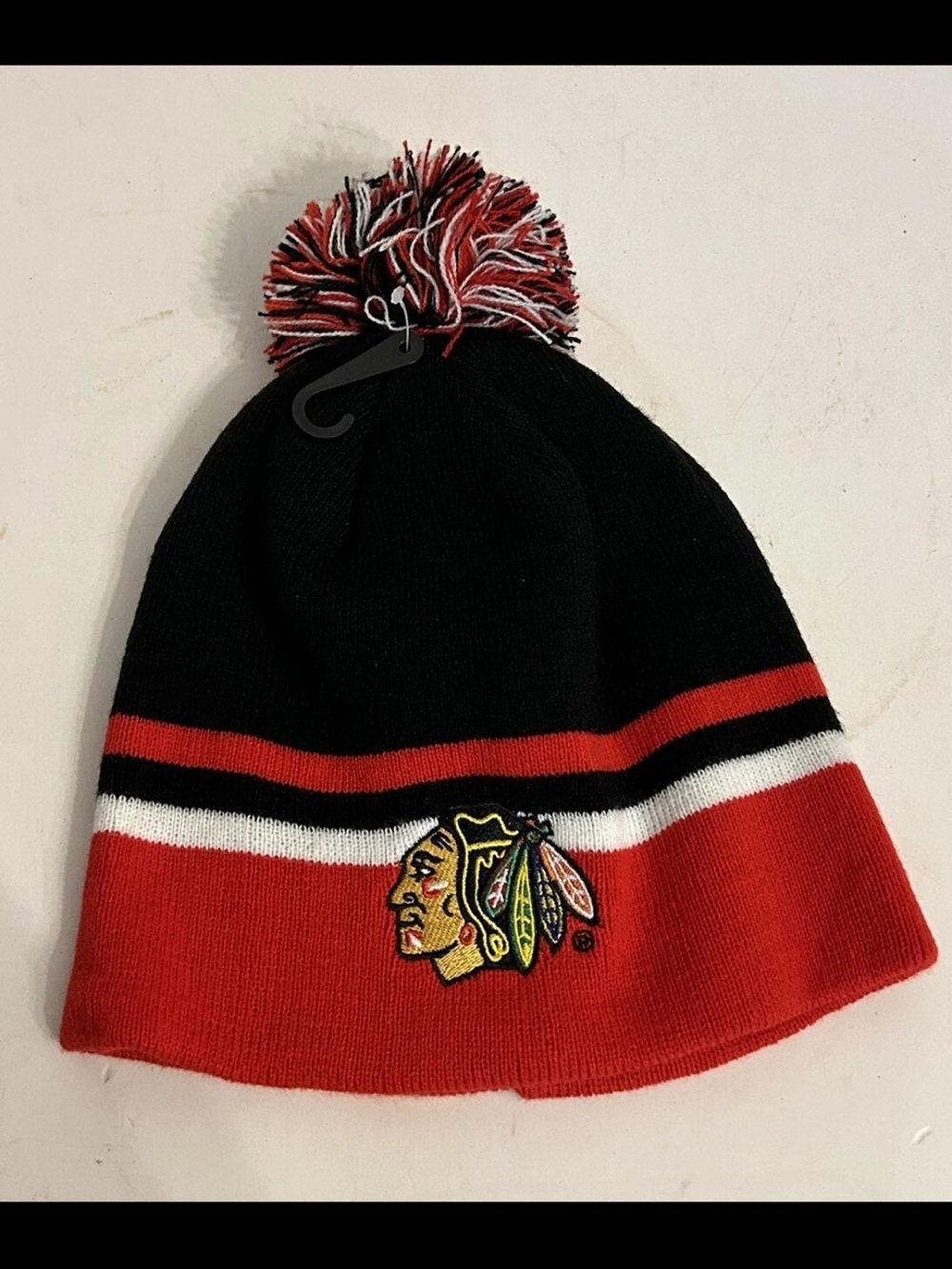 Black and Red Knit Pom Beanie with Embroidered Hockey Logo